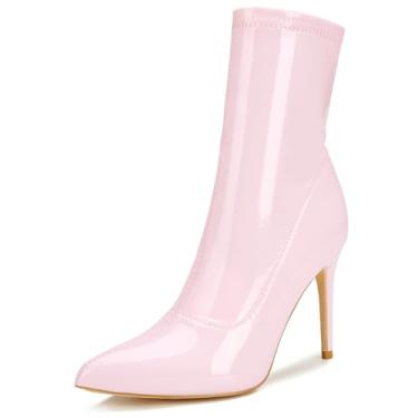 Imagem de CAMSSOO Botas femininas de cano alto, salto alto, bico fino, sexy, com zíper lateral, meias confortáveis, cano médio, Couro envernizado rosa PU, 41