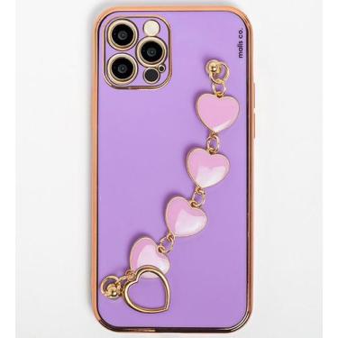 Imagem de Capa Capinha iPhone 13 PRO Roxa Lilas Dourada Feminina Corrente Alça C