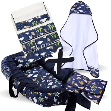 Imagem de Kit Completo Bebê – Toalha de Banho Forrada, Ninho Redutor de Berço, 6 Toalhas de Ombro e Trocador Portátil (Safari Marinho)