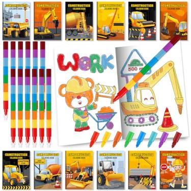 Imagem de BenLouis 24 mini livros de colorir de construção, para crianças, com 24 giz de cera empilháveis, tema de escavadeira, lembrancinhas de festa, livros de atividades a granel para crianças, construção de