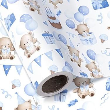 Imagem de WRAPAHOLIC Rolo de papel de embrulho Bear Baby Shower – Mini rolo – 43 cm x 40 cm – Papel de embrulho fofo para festa de bebê e menino, perfeito para chá de bebê, aniversário de menino