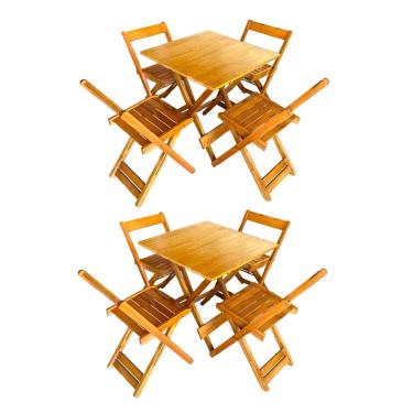 Imagem de  Kit 2 Conjuntos de Mesas Dobráveis 70x70 em Madeira Maciça para Restaurantes com 4 Cadeiras
