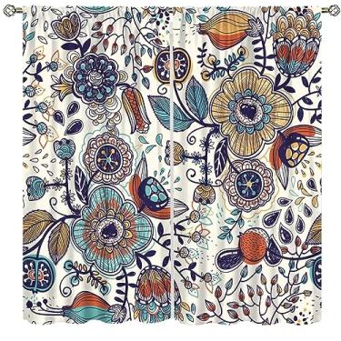 Imagem de Cortinas de janela florais boêmias rústicas boêmias floral arte moderna decoração de casa cortinas de bolso para quarto sala de estar 183 cm x 160 cm decoração