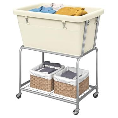 Imagem de ELYKEN Carrinho de lavanderia com rodas, cesto de roupa suja com bolsa e prateleira removíveis, cesto de roupa com moldura de metal com 4 rodízios e 2 freios, ideal para quarto, banheiro, lavanderia