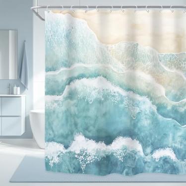Imagem de Riyidecor Cortina de chuveiro abstrata praia oceano onda para decoração de banheiro 60Wx72H litoral náutico azul-petróleo azul mar moderno à beira-mar arte minimalista tecido impresso poliéster