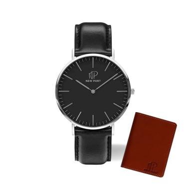 Imagem de Relógio Masculino Couro Preto Luxo New Port 40mm + Carteira