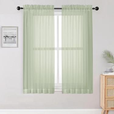 Imagem de OWENIE Cortinas transparentes de 137 cm de comprimento, 2 painéis para sala de estar, quarto, janela pequena, cortina de voile transparente com bolso de haste, 106,7 cm L x 137,2 cm C, verde claro