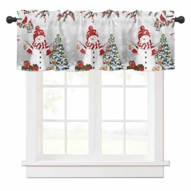 Imagem de Cortina de Natal com boneco de neve vermelho para janelas de cozinha, árvore de inverno, árvore cardeal, pássaro, baga, abeto, fileira, cortina, cinza, tratamento de janela, sanefas para quarto/sala