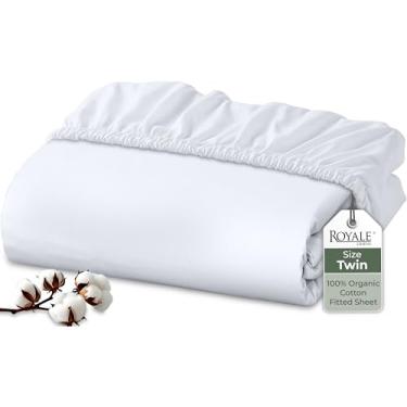 Imagem de Royale Linens Lençol com elástico 100% algodão orgânico – tecido percal – lençol de baixo com bolso profundo super macio – lençol com elástico branco solteiro – somente lençol com elástico - (99 x 190