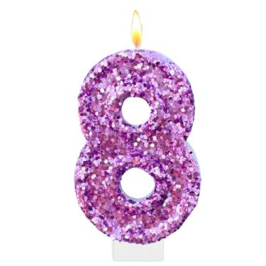 Imagem de Velas roxas de aniversário, número 8 para bolo, topo de bolo roxo com glitter, decorações de festa de aniversário de princesa, enfeite de cupcake, lembrancinhas de festa, suprimentos de decoração