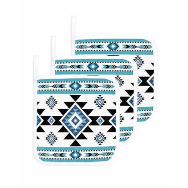 Imagem de Porta-panelas Aztecs Aztecs para cozinha à prova de calor, pacote com 3 almofadas quentes do sudoeste listradas, boho, almofadas de forno, multiuso, pano felpudo para cozinhar, assar