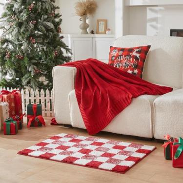 Imagem de Tapete de banho quadriculado de Natal CozeCube 91x61 cm vermelho