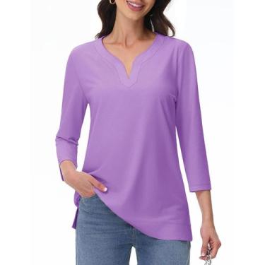Imagem de Blusas YUCOLEN femininas de manga 3/4 com decote em V, túnica roxa, ta