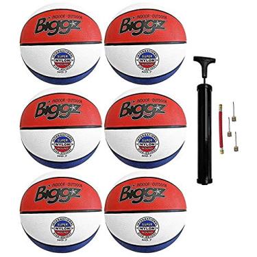 Imagem de Biggz 7 bolas de basquete oficiais - vermelho/branco/azul, pacote com 6, bexiga butílica interna com trava de pressão de 2 camadas, melhor aderência, controle aprimorado, desempenho em todas as