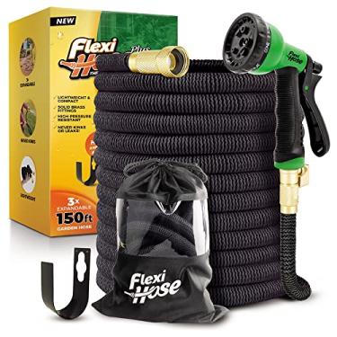 Imagem de Flexi Hose PLUS com bocal expansível de 8 funções, mangueira de jardim flexível leve e sem torção, acessórios de latão sólido de 1,9 cm e núcleo de látex duplo, 45,7 m, preto