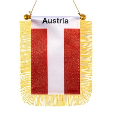 Imagem de JBSJBS Bandeira pendurada da Áustria mini bandeiras de janela de carro austríaco pequenas bandeiras de espelho retrovisor decoração bandeiras da Áustria com ventosa com franjas douradas dupla face 7,6