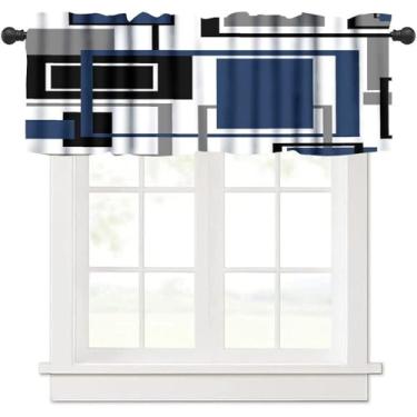 Imagem de ZhiRain Cortina de saia geométrica azul marinho moderna preta azul e cinza com bolso para varão cortinas curtas para cozinha, banheiro, fazenda, sala de estar, 137 x 45 cm