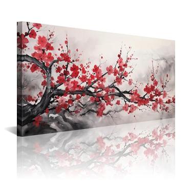 Imagem de NAN Wind Arte de parede asiática decoração tradicional chinesa oriental vermelho cerejeira flores imagens em tela para decoração de parede para sala de estar paisagem arte emoldurada pronta para