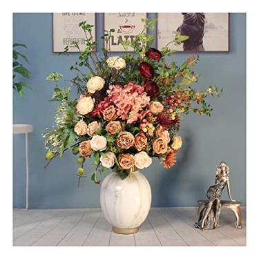 Imagem de LMJYU Centro de mesa de flores artificiais de flores artificiais - buquês florais de peônia de seda de toque real com vaso branco, elegante decoração de arranjo de flores de peônia falsa