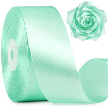 Imagem de Mauproy Fita de cetim verde menta de 3,5 cm de largura, fita de tecido de poliéster sólido de 50 metros para fazer rosas, embrulho de presente, Natal, decorações de casamento, artesanato, laços