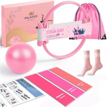 Imagem de Consripie Conjunto de anel de Pilates para presente de 38 cm, círculo mágico premium antideformação, 3 faixas de resistência, bola de ioga e meias antiderrapantes | Kit de treino em casa elegante para