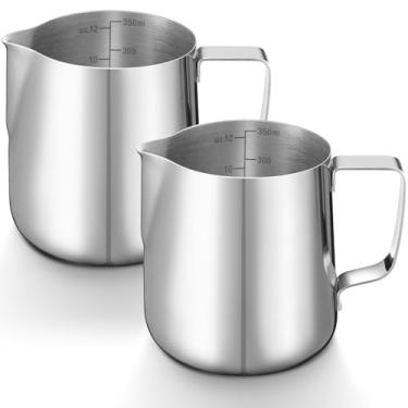 Imagem de Honeydak 2 jarras de espuma de leite de aço inoxidável 304 para cafeteria, cappuccino, ferramentas de barista, jarro de leite, copo de espumador a vapor (340 g)