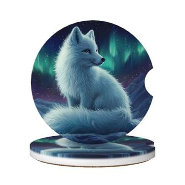Imagem de Buyidec Arctic Fox Porta-copos absorventes para carro, pacote com 2 porta-copos, pedra cerâmica de 6,5 cm e base de cortiça que não arranha, porta-copos fofos para carro para mulheres e homens