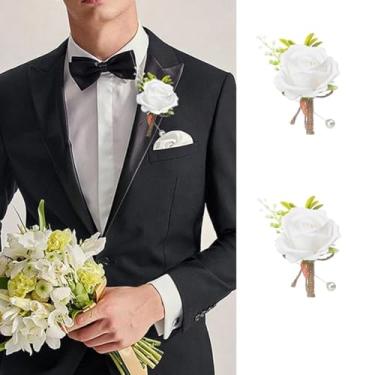 Imagem de 2 peças de peito de flores brancas simulação elegante e elegante terno decoração banquete masculino falso flor rosa broche broche
