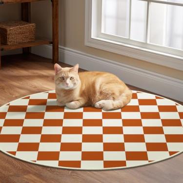 Imagem de Doteon Tapete xadrez marrom antiderrapante geométrico marrom e bege redondo para sala de estar, quarto, sala de jogos, decoração de 9 cm de diâmetro