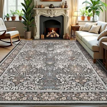 Imagem de GarveeHome Tapete floral lavável 20 x 25 cm tapetes grandes para sala de estar, tapetes boêmios macios para quarto, tapete botânico antiderrapante para sala de jantar, berçário, marrom