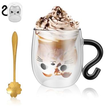Imagem de Caneca fofa de gato, copos fofos de vidro de parede dupla com alça, copo de café expresso de 241 g, presentes para amantes de gatos para mulheres, presentes de Natal e Páscoa para amantes, mulheres