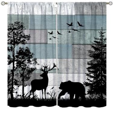 Imagem de wlsgdsg Cortinas de fazenda rústica floresta veado pinheiro silhueta azul velho prancha de madeira campo chalé janelas tratamentos bolso de vara para cozinha sala de estar quarto 106 x 111 cm (sem