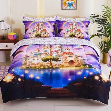 Imagem de Viviland Enchanted Rainbow Castle Conjunto de cama infantil casal – Cama certificada OEKO-TEX 100 em uma bolsa, conjunto de edredom mágico de conto de fadas com lençóis e fronhas, macio, respirável