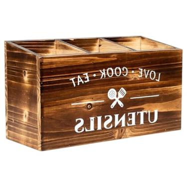 Imagem de Llazsybz Porta-utensílios de Cozinha, Organizador de Utensílios, Caixa de Talheres de Madeira, Armazenamento de Cozinha, Recipiente de Armazenamento com Três C, Marrom, Tamanho real