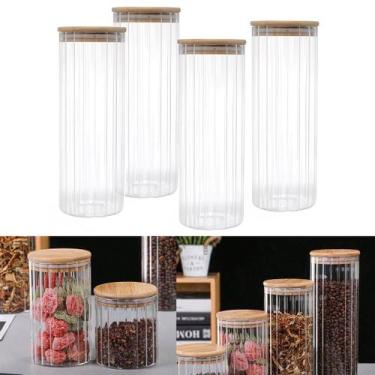 Imagem de Kit 4 Potes Vidro Mantimento 1400 ML Canelado Tampa de Bambu - Casa Ra