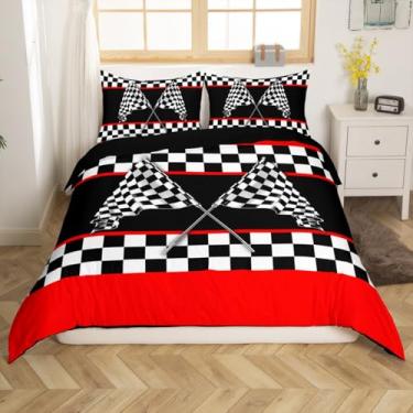 Imagem de Feelyou Jogo de cama infantil para meninos e meninas, carro de corrida, xadrez, esportivo, capa de edredom infantil para decoração de quarto de adolescentes com 1 fronha (sem edredom)