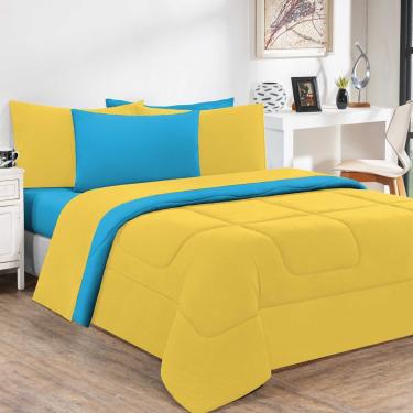 Imagem de Kit Edredom + Jogo De Lençol Malha 100% Algodão Gran Moratta 7 Peças Queen - Amarelo/Azul Turquesa