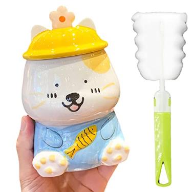 Imagem de Caneca de princesa com tampa, caneca 3D, xícara de café de cerâmica, xícara de chá de lua, presente, escritório, casa (pesca de gato azul, 450 ml)