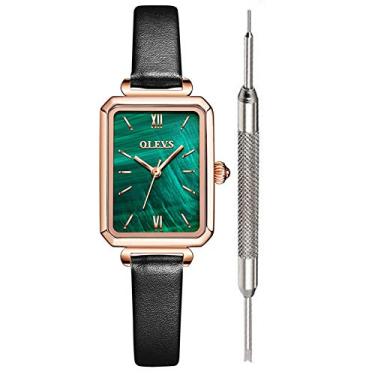 Imagem de Relógio feminino OLEVS retrô quadrado para relógios de quartzo analógicos dourados, Green-leather