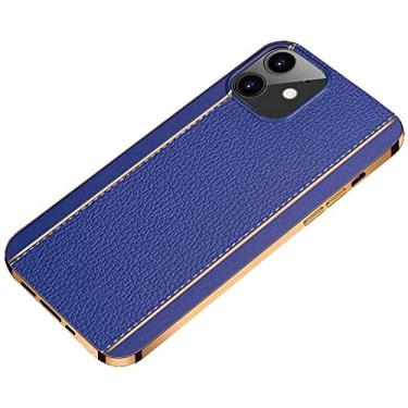 Imagem de HAODEE Capa de telefone com padrão de lichia de moldura dourada, capa macia de silicone fino para Apple iPhone 12 Mini (2020) Capa à prova de choque com tudo incluso de 5,4 polegadas [Proteção de tela e câmera] (Cor: azul)