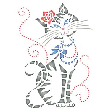 Imagem de Stencils for Walls: Estêncil de gato fofo, 15,24 x 21,53 cm (C) - Estêncil de contas de flores de arco de gato de desenho animado legal para modelo de pintura