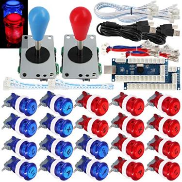 Imagem de SJ@JX 2 jogadores Arcade Game Stick DIY Kit Botões com logotipo LED 8 Way Joystick USB Codificador Cabo Controlador para PC MAME Raspberry Pi Vermelho Azul