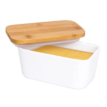 Imagem de Arswin Manteiga com Tampa, Grande 650ml Porcelana com Tampa de Madeira para 2 Paus de Manteiga, Seguro para Microondas Fácil Limpar Manteiga Armazenamento de Manteiga para Bancada e Geladeira, Branco, 650ml