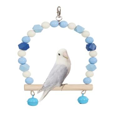 Imagem de Balanço de pássaro de madeira para calopsitas, papagaio, brinquedos pendurados, periquitos, suportes de gaiola, playground, acessórios de ginástica, brinquedo de escalada de sino de contas coloridas para periquitos, conures e periquitos (azul)