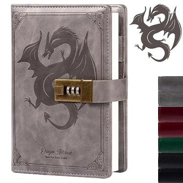 Imagem de TIEFOSSI Caderno de diário Dragon Leather Journal, diário com fechadura de combinação, caderno de papel forrado/em branco, diário de escrita B6 papelaria (cinza)