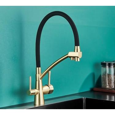 Imagem de Torneira da pia da cozinha torneira do filtro de água pura misturador guindaste dupla alças purificação cozinha e torneira fria, ouro escovado a