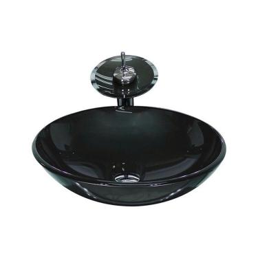 Imagem de Cuba de Vidro Redonda 31cm + Válvula + Torneira Cascata Preto