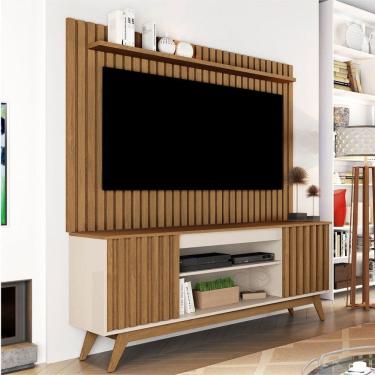 Imagem de Rack com Painel para TV Até 65 Polegadas Malibu 2 Portas Ripado Off White/Freijó - Giga Móveis