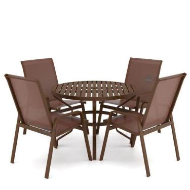 Imagem de Mesa 4 Cadeiras Ripado Piscina Alumínio Marrom E Tela Marrom - Aluv Mó