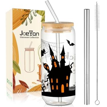 Imagem de Joeyan Copos de vidro de Halloween com tampas e canudos, copo de café gelado para casa assombrada e gato, copos de cerveja em forma de lata, presentes de Natal para mulheres, mãe, amiga, adolescente